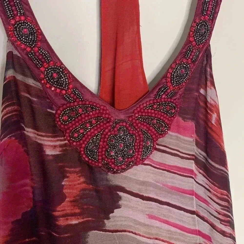 FREE PEOPLE RED OAXACA WATER COLOR SILK BEADED V NECK DRESS Sz 4